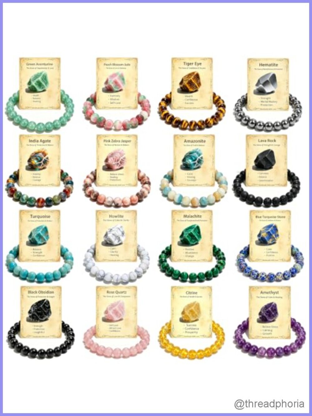 16 Pcs Natural Stone Beaded Healing Crystal Bracelets Set (8mm, Stretch)